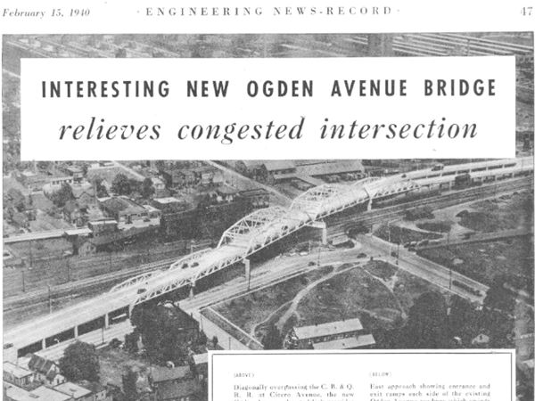 1940 advert in a magazine shows streel bridge across railroads from the air, buildings and streets