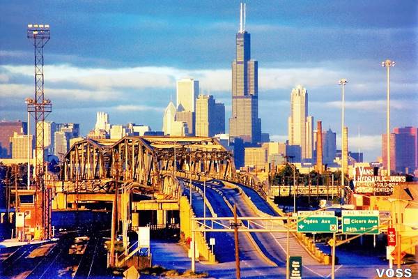 Ogden Viaduct by Jack Voss color, 1990s, Chicago skyscrapers in the distance, steel viaduct on Ogden in foreground