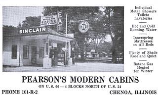 Sinclair Gas Station Chenoa US 66, 1920s Black and white, 1920s, Sinclair station, canopy, pumps, trees and cabins