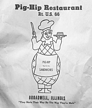 Broadwell Pig Hip logo napkin with text and man with cheff hat and body like a pig hip ham piece, black and white