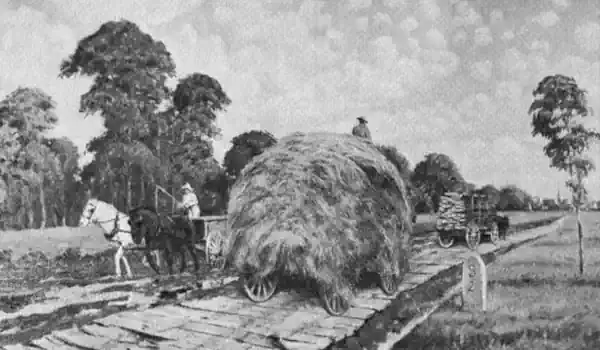 black and white 1850s drawing, hay carts on plank road