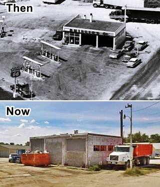 Top: 1965 aerial black and white, icebox Phillips 66, sign, gas pumps, cars. Bottom: color view same box building, deteriorated with truck parked by it