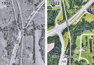 combined aerial photos from 1956 and 2022 of the realigned US66 at the railroad by Spring Creek showing before and after views