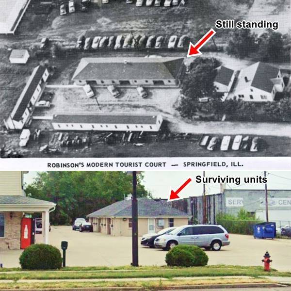 top: 1950s black and white aerial view gable roof units, cars. Bottom: one of the units in 2023, color view motel gable roofed and cars