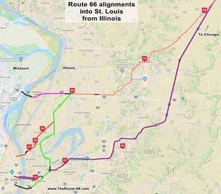 Map of US66 alignments into Saint Louis from Illinois