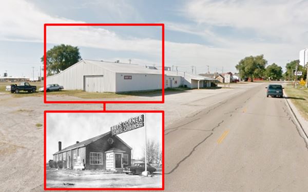 composite image of current view and 1950s black and white photo of a cafe seen from Route 66