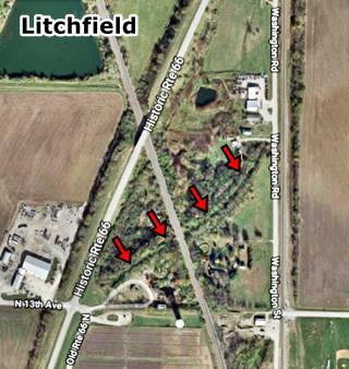 Satellite view of Route 66 in Litchfield IL with alignments highlighted