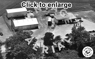 Sebby’s Phillips66 1965 aerial view Black and white, 1965 Phillips66 gas station aerial picture by US 30