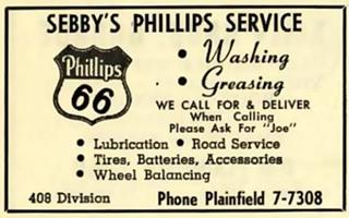 Sebby’s Phillips66 station 1954 ad Black and white, 1954 ad in phone directory of Sebby’s Phillips66 gas station, text and logo