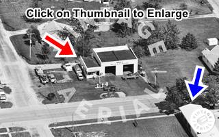 thumbnail aerial photo click to enlarge black and white aerial photo: crossroads and Shell gas station on the corner