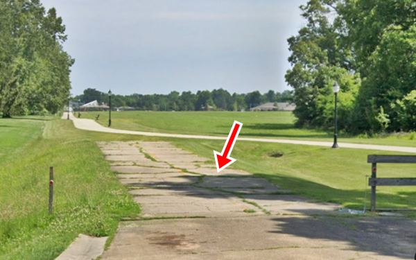 1922 US66 roadbed Sherman Lawn and trees and 1920s concrete roadbed in Sherman Village Park