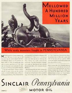 1930s Sinclair ad printed Sinclair Oil ad depicting dinosaurs fighting, red, black and white c.1930s