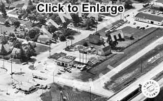 aerial view 1972 IL-17 and US 66 Dwight Il Black and white, 1972 aerial view of gas stations on a crossroads of US66 and IL-17, an Arco, cars
