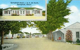 Springfield Motel postcard color linnen postcard 1950s, motel with cabins painting