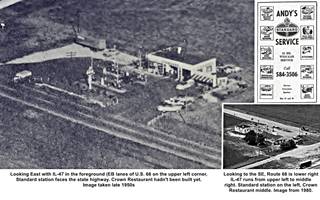 Standard Station and Crown Restaurant Dwight US66 Black and white two aerial views 1950s and 1980 of a gas station, and highways. One includes a gable roof restaurant; and an advertisement from 1962 phone directory
