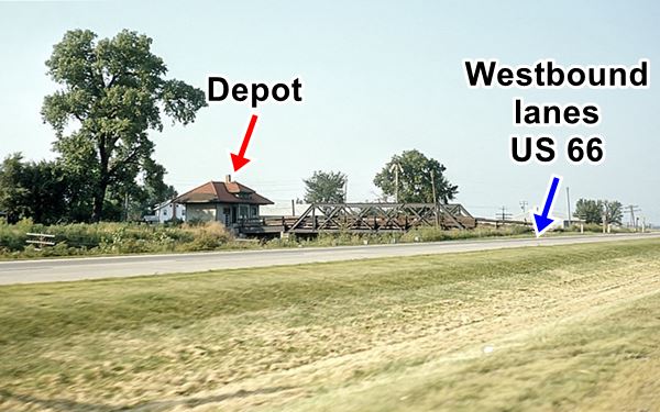 railway depot, large tree, bridge and US66