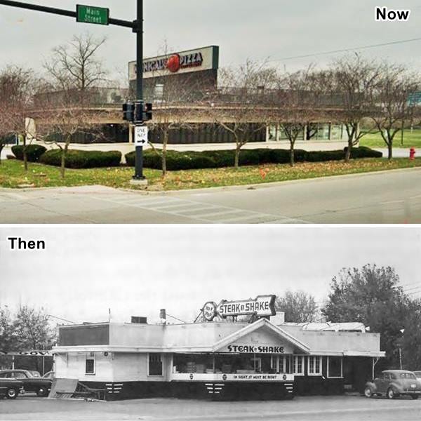 combined images. Top: current pizza shop on a corner color. Bottom: 1950s burger restarurant with cars black and white