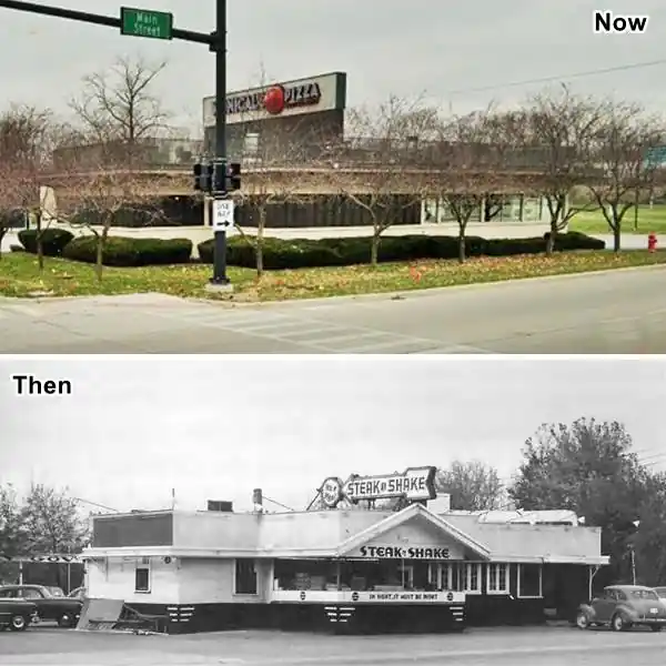 2 images. Top: current pizza shop on a corner color. Bottom: 1950s burger restaurant with cars black and white