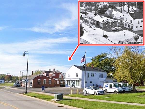Texaco in Elwood, 1971 and now, US66 Illinois color view of gable roofed brick bldg. a former gas station seen from a street. Inset in Black and white shows it as a Texaco station in 1971