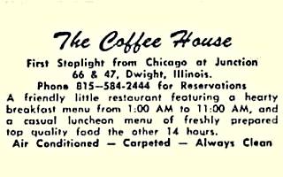 Coffee House postcard text US66 Dwight Il Black and white,text on the back of THE COFFEE HOUSE postcard