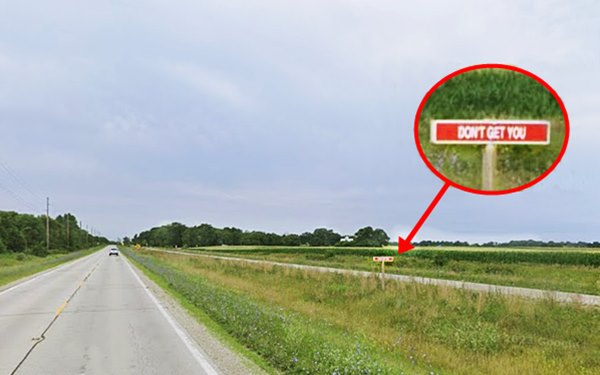 Route 66 left, two lanes, car in the distance, fields on the right, trees beyond, trail runs parallel to US66 with Burma-Shave sign and an inset enlargment of it