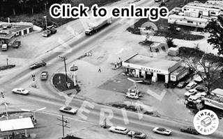 aerial view 1971 Northeast corner of US66 and US 52 Troy IL Black and white, 1971 aerial view Standard Station, US 66 and US 52, cars and trucks