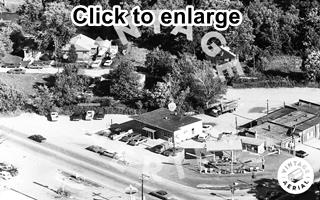 aerial view 1971 Southeast corner of US66 and US 52 Troy IL Black and white, 1971 aerial view Bar and gas station, US 66 and US 52, cars and trucks