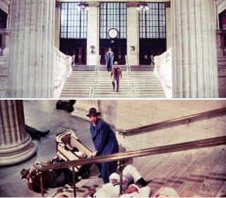 top: stairway and clock in movie still Union Station, Untouchables, two men walking down. Bottom: man holds stroller another lying pointing gun up the stairs