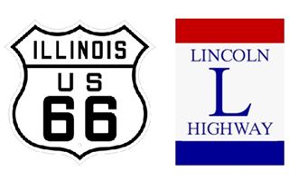Route 66 and Lincoln Highway Meet color, US 66 Illinois shield to the left, Lincoln Highway sign, red blue with "LINCOLN L HIGHWAY" written in it