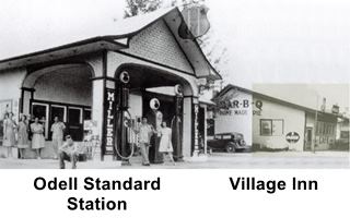 black and white image of a gable roof gas station, pumps, people combined with the restaurant woodframe building to the right of it