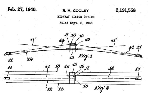 black and white diagram from a 1940 patent showing cars, highway, optic ray paths and mirrors