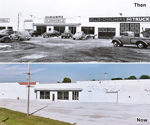 image combines 1950 black and white view of auto dealership, building with GM signs, service bays and cars; and the same view nowadays, no cars, vacant white building