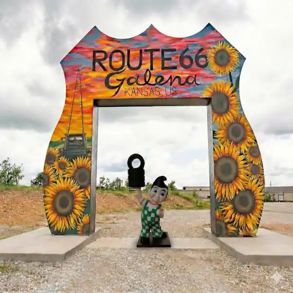 Galena US 66 shield-arch US Hwy shield-shaped arch painted with many colors