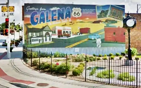 Mural in Galena Route 66 Mural painted on a wall at a corner plaza, US 66