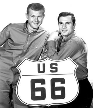 Actors of 1960s Route 66 TV series and Route 66 shield