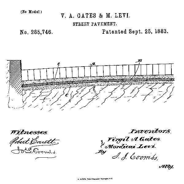 facsimile of the drawings from the original patent from 1883 covering roads paved with bricks