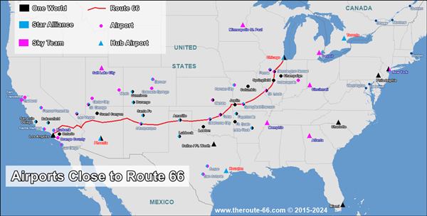 Map with Airports close to Route 66 USA