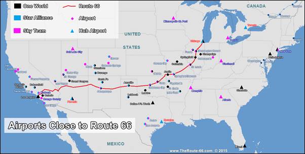 Map with Airports along Route 66 USA