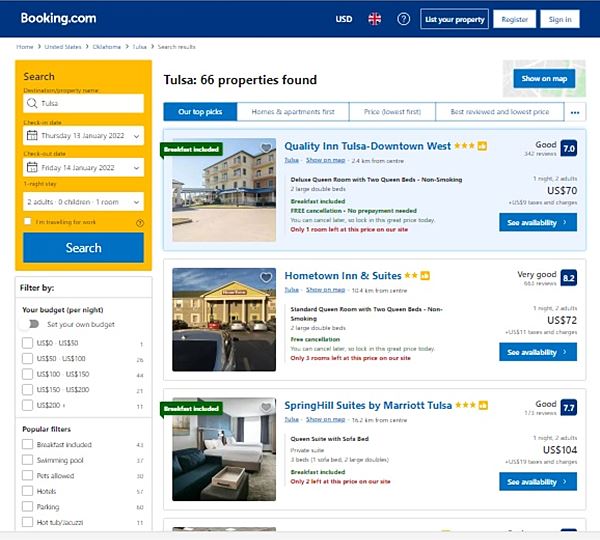 Online hotel booking webpage showing different hotels options, prices, ratings
