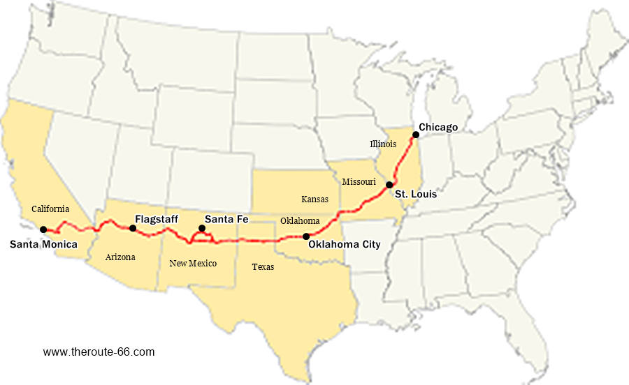 map with US 66 Alignment across the US