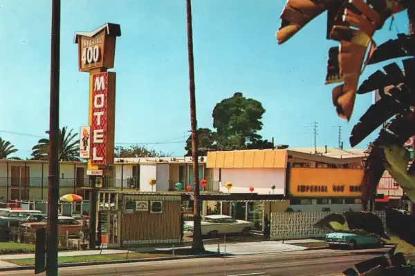 First Imperial Motel, Los Angeles CA, 1960s blue motel, butterfly roof, neon sign