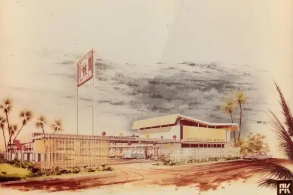 architect draught of a motel from 1959, in color