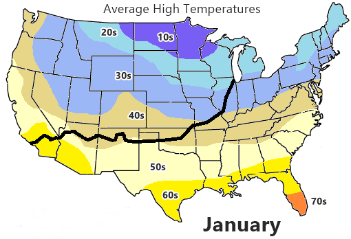 map with Average high winter temperatures in the US and Route 66