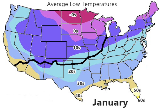 map with Average low winter temperatures in the US and Route 66