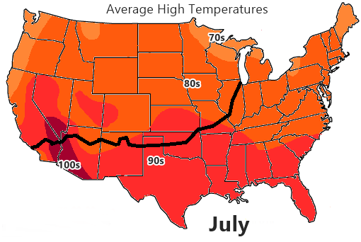 map with Average High summer temperatures in the US and Route 66