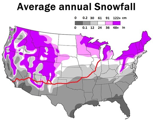 map with Average annual snowfall in the US and Route 66