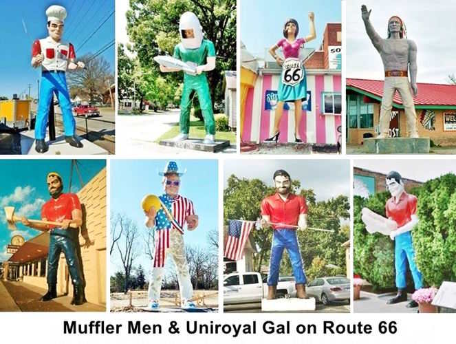 muffler men and a Uniroayl Gal in several images titled MUFFLER MEN AND UNIROYAL GAL ON ROUTE 66