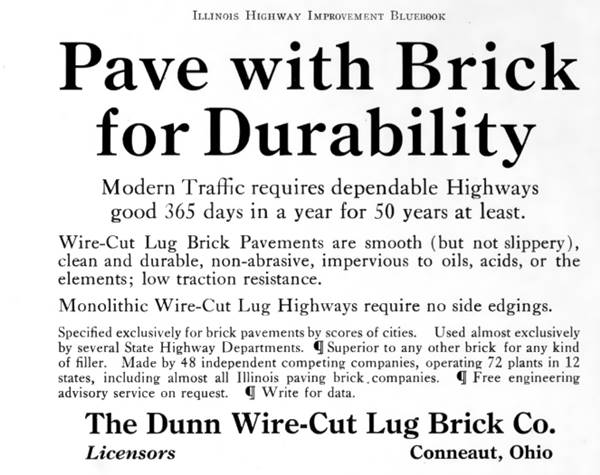 1919 advert in the Illinois Higway Improvement bluebook promoting bricks as a great paving option