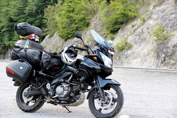 a motorcycle with Road Trip gear