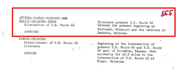 official decertification of the whole of US 66 in a 1985 document